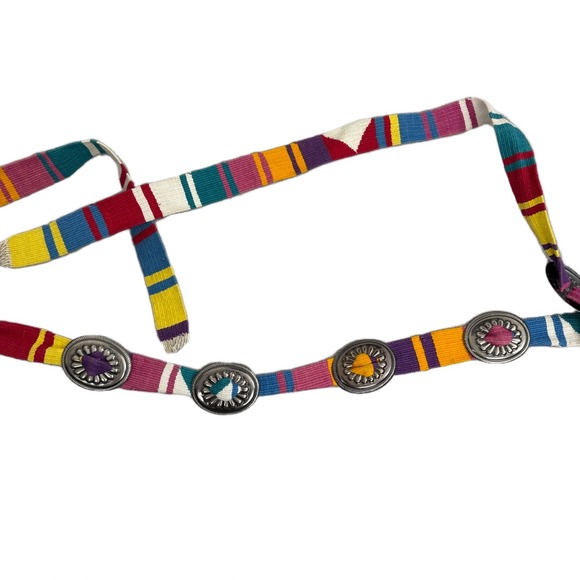 Concho Woven Cotton Belt Womens Multi Silver Boho Hippie Belly Dancer Tie Stripe - Picture 3 of 11